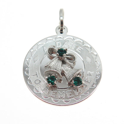 925 Sterling Silver Vintage Green Rhinestone "A Date to Remember" Bells Pendant