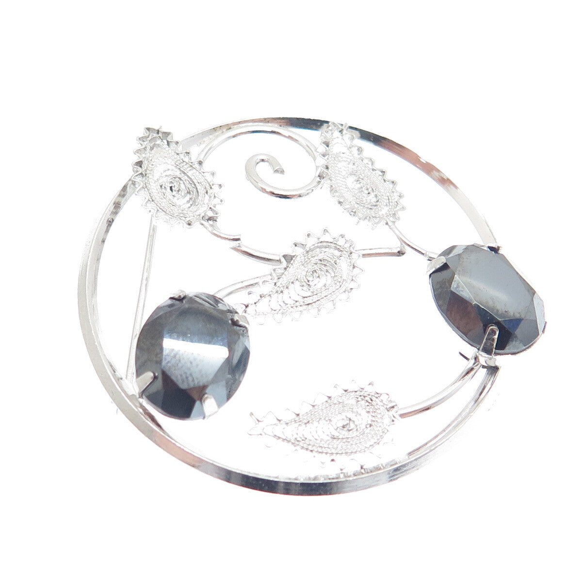 D'OR 925 Sterling Silver Vintage Real Hematite Filigree Floral Leaf Pin Brooch