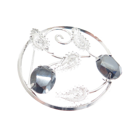 D'OR 925 Sterling Silver Vintage Real Hematite Filigree Floral Leaf Pin Brooch