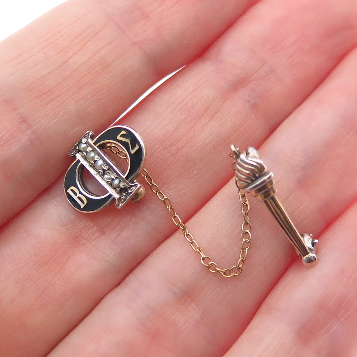 JOSTENS Sterling GP Antique Pearl Beta Sigma Phi Sorority Pin (missing 2 pearls)