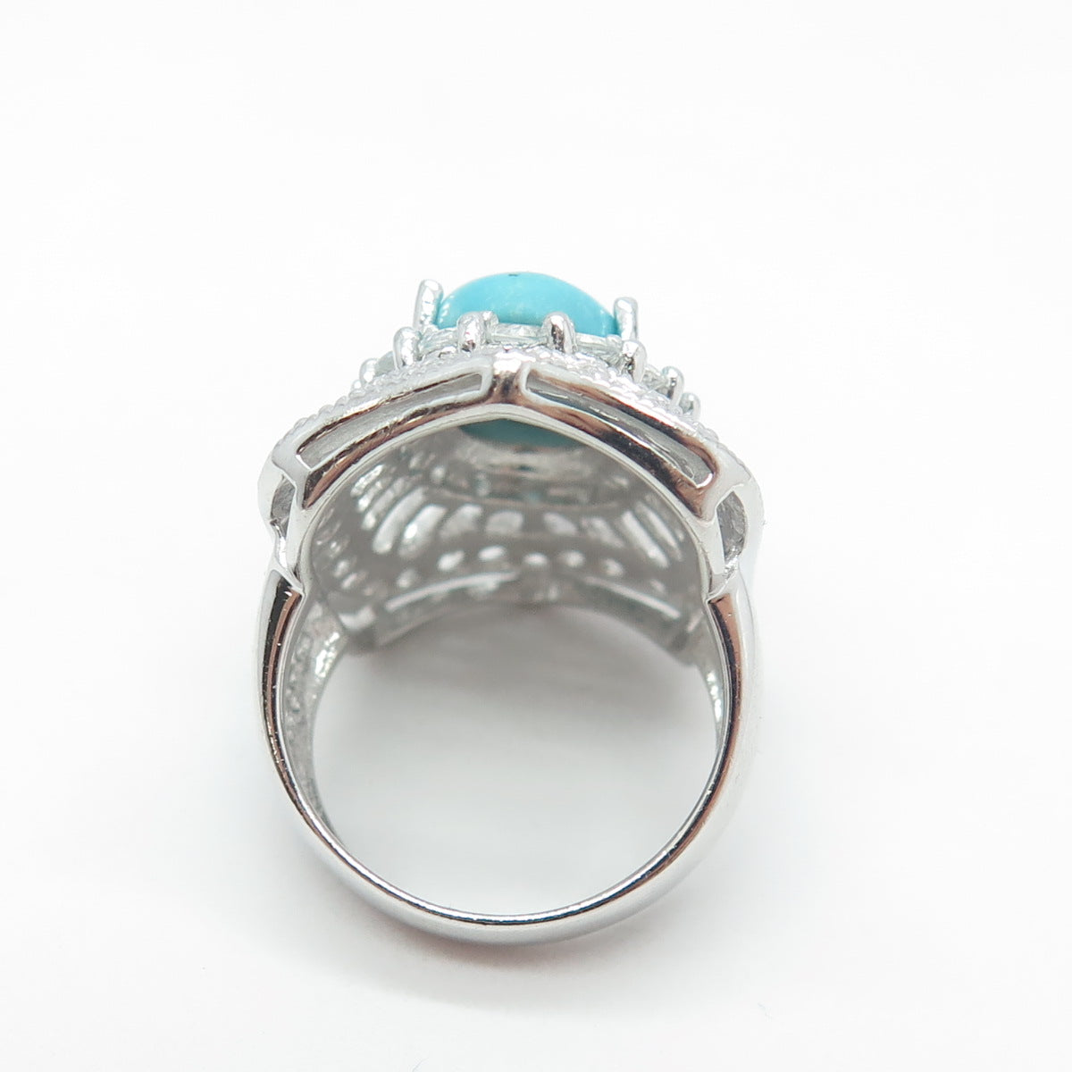 925 Sterling Silver Real Turquoise & White Topaz Bohemian Ring Size 6