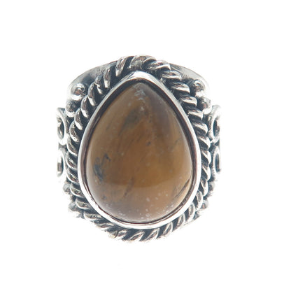 925 Sterling Silver Vintage Pear-Cut Tiger Eye Heart Oxidized Ring Size 8.75