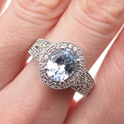 925 Sterling Silver Oval-Cut Blue & Round-Cut White C Z Ring Size 9