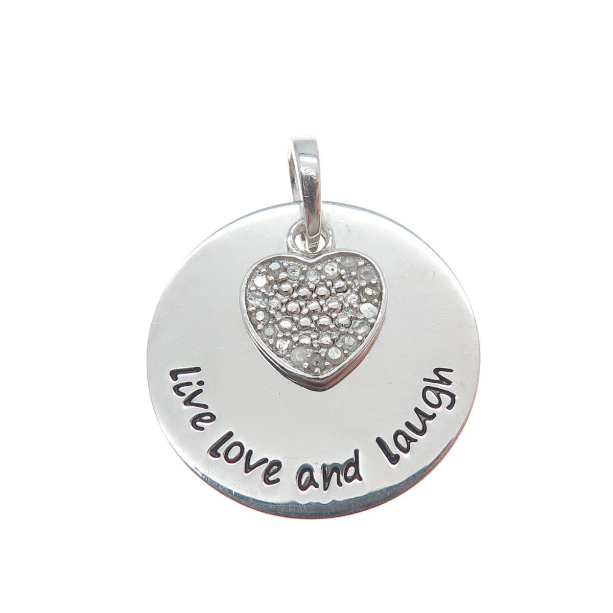HAN 925 Sterling Silver Real Diamond Live Love And Laugh Heart Tag Pendant