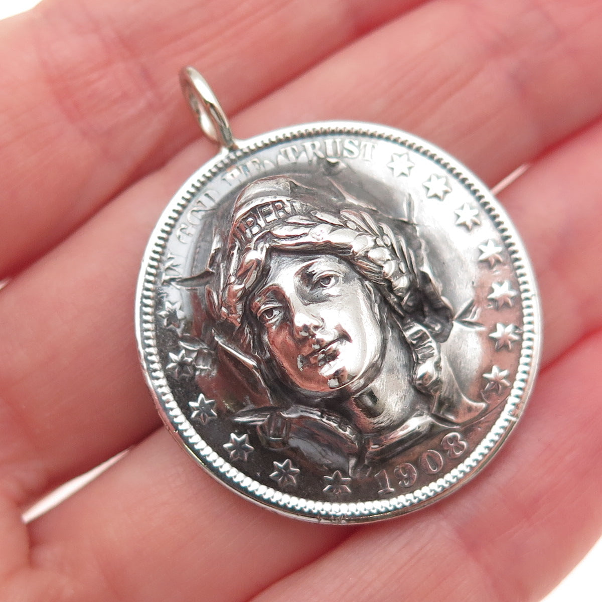 900 Silver Antique 1908 US Barber Half Dollar Repousse Coin Charm Pendant
