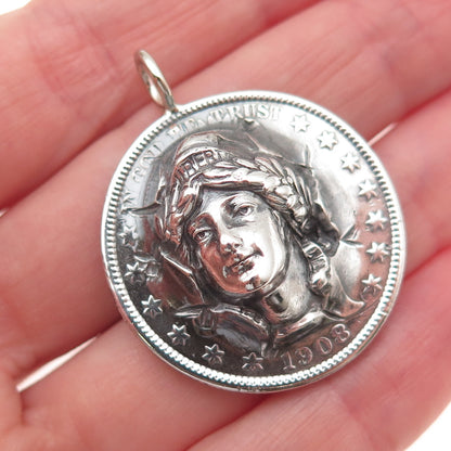 900 Silver Antique 1908 US Barber Half Dollar Repousse Coin Charm Pendant