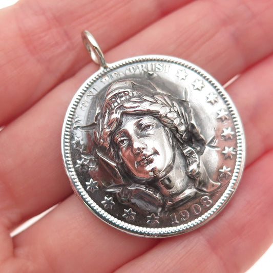 900 Silver Antique 1908 US Barber Half Dollar Repousse Coin Charm Pendant
