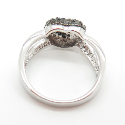 925 Sterling Silver Real Round-Cut Black Diamond Heart Ring Size 7.75