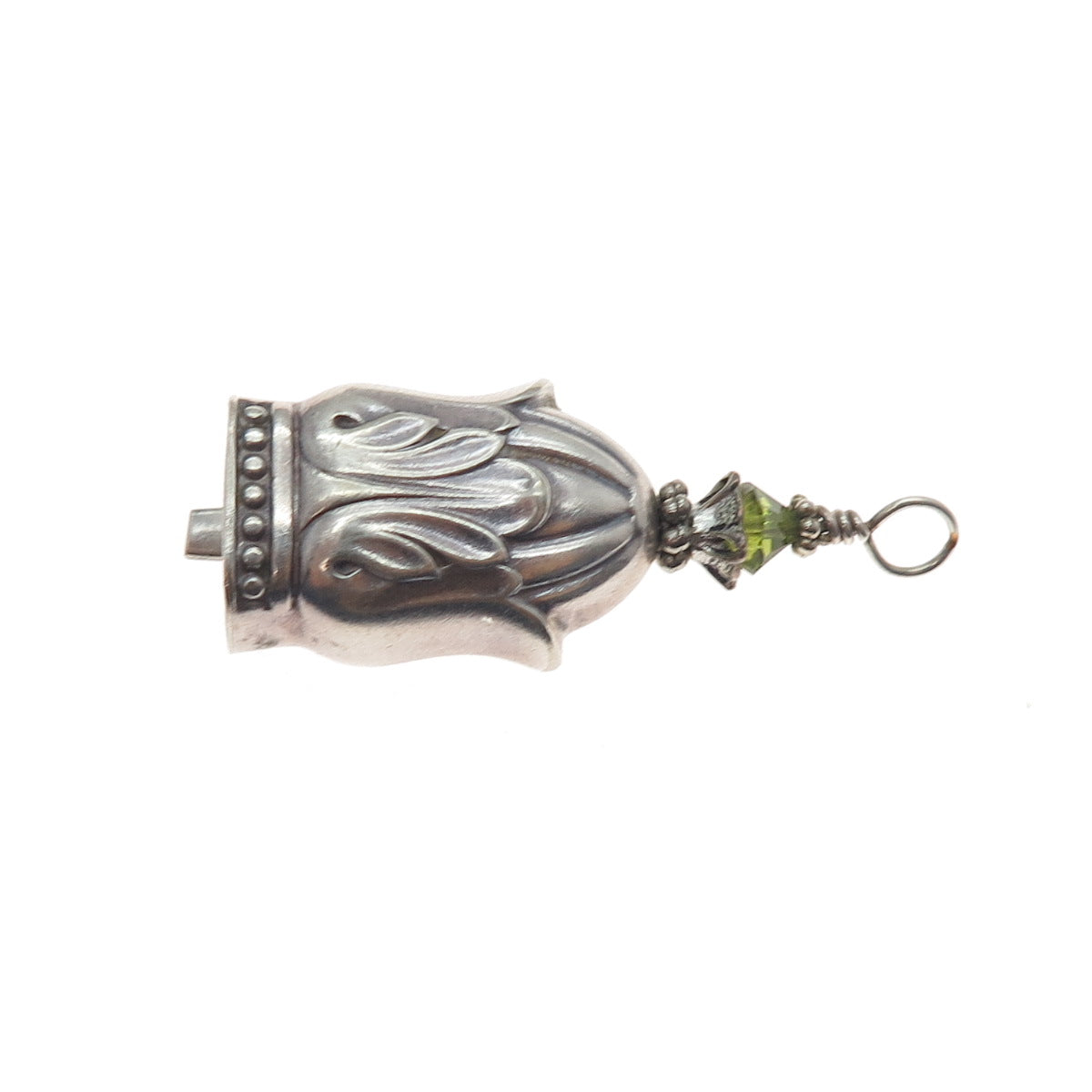 925 Sterling Silver Vintage Green Crystal Floral Bell Oxidized Charm Pendant