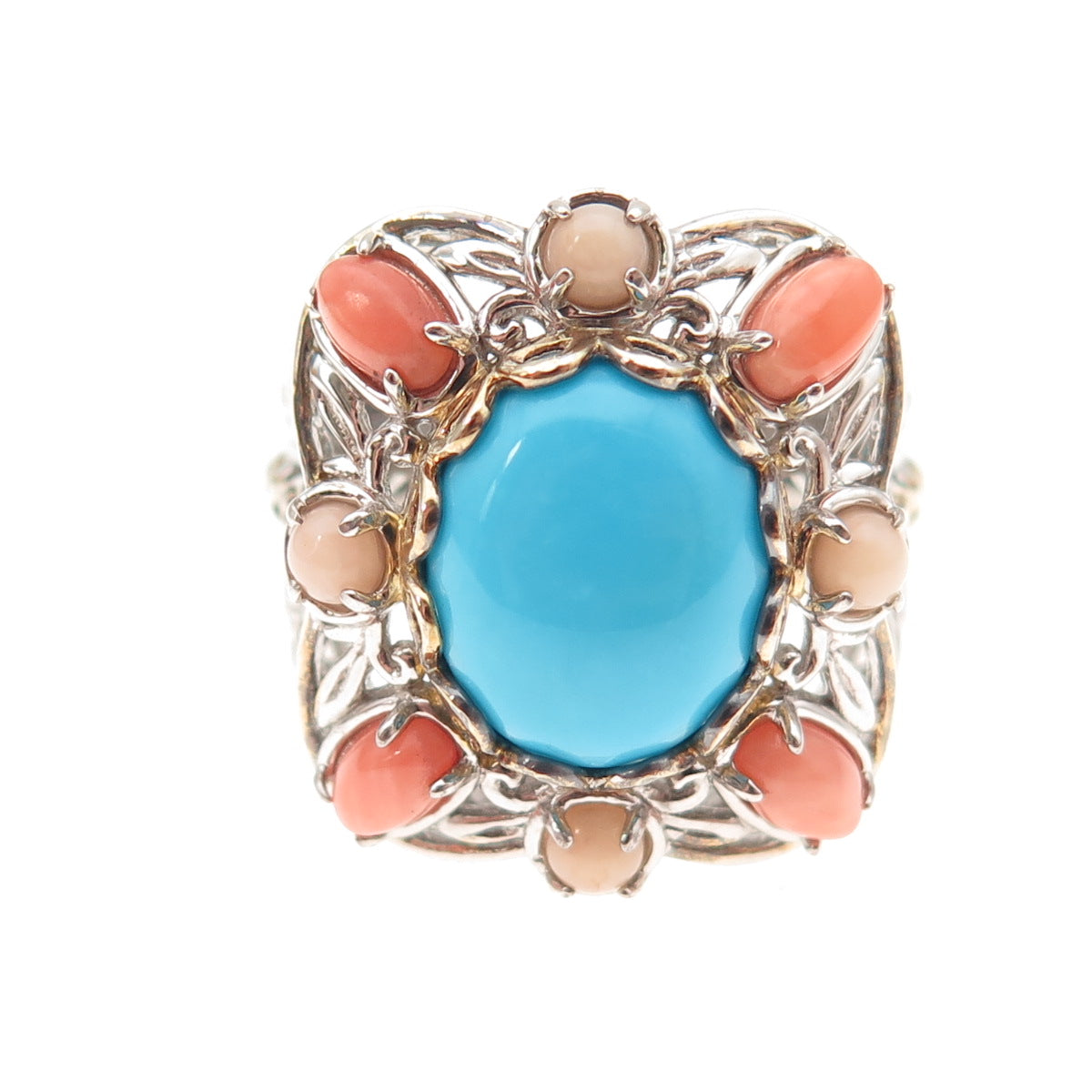 Michael Valitutti Gems En Vogue Sterling 2-Tone Turquoise & Coral Ring Size 8.25