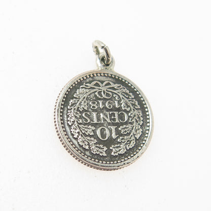 640 Silver Antique Netherlands 1918 Queen Wilhelmina 10 Cents Coin Pendant