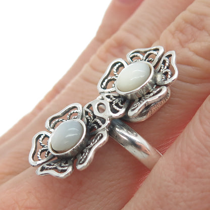 RIDER 950 Silver Vintage Real Mother-of-Pearl Flower Filigree Ring Size 8