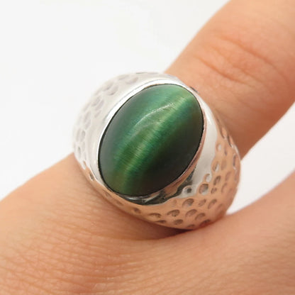 925 Sterling Silver Vintage Fiber Optic Cat's Eye Gem Hammered Ring Size 9.25