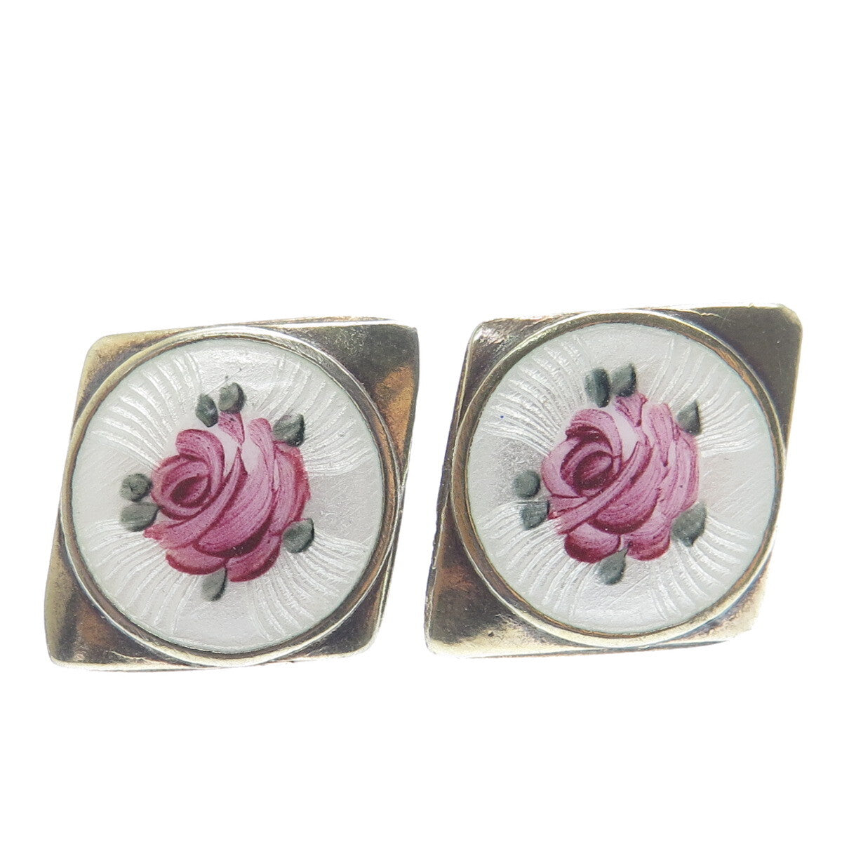 925 Sterling Silver Antique Colorful Enamel Rose Floral Screw Back Earrings