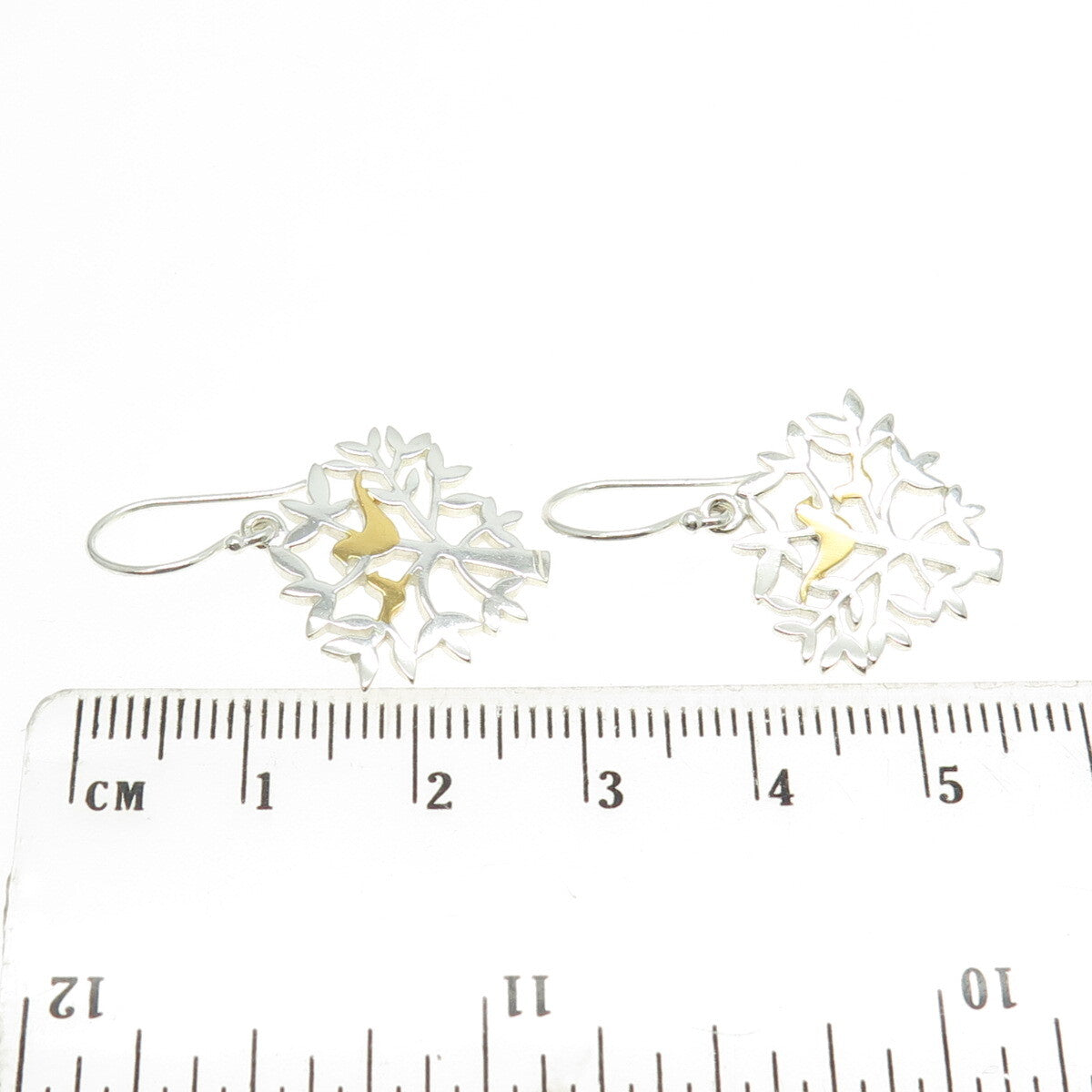925 Sterling Silver 2-Tone Tree & Birds Dangling Earrings