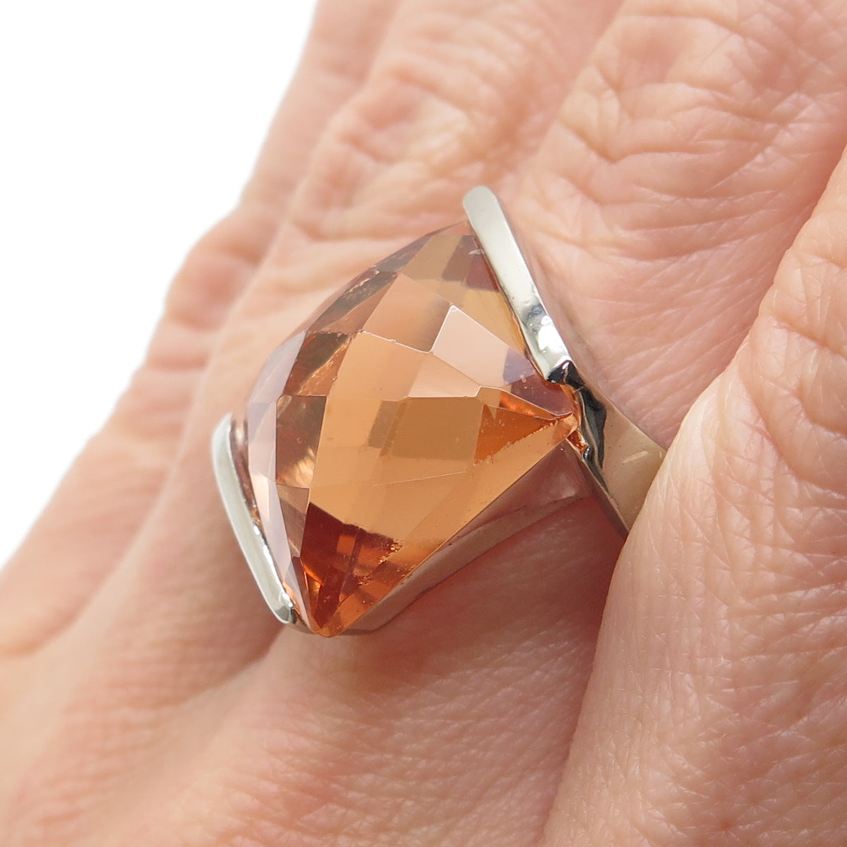 925 Sterling Silver Peach-Color C Z Modernist Statement Ring Size 9