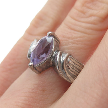 MONICA JAIN 925 Sterling Silver Vintage Amethyst Gem Ribbed Oxidized Ring Size 8