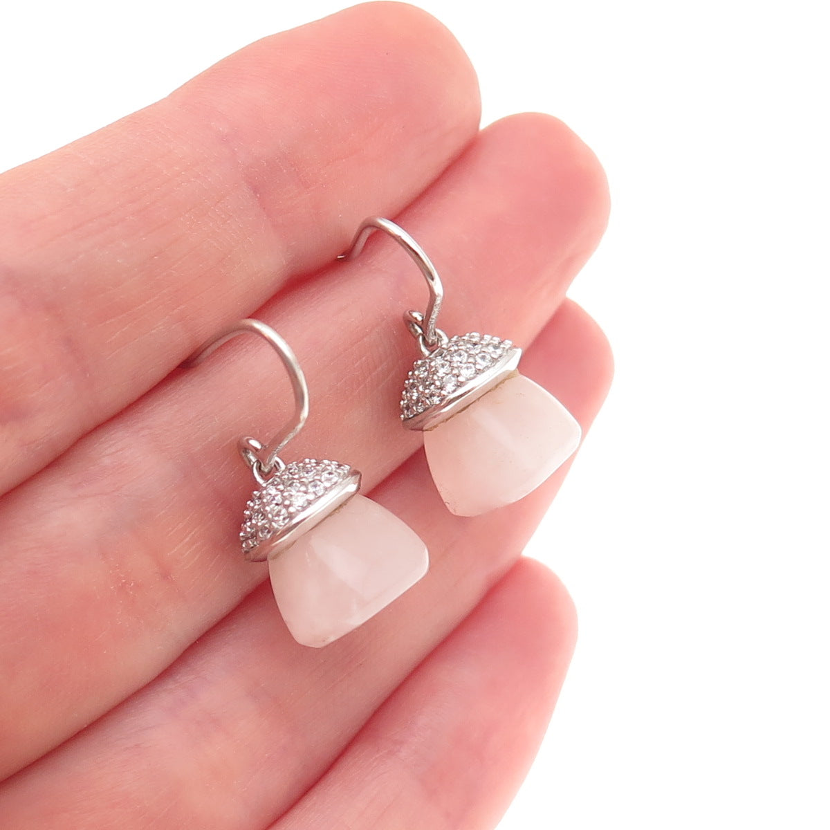 Esprit 925 Sterling Silver Vintage Real Rose Quartz & C Z Dangle Earrings