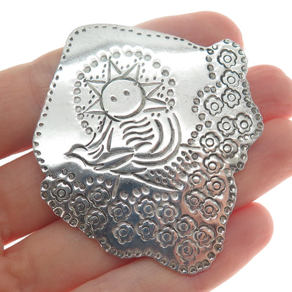 LOS BALLESTEROS Sterling Silver Vintage Mexico Sun & Bird Landscape Pin Brooch