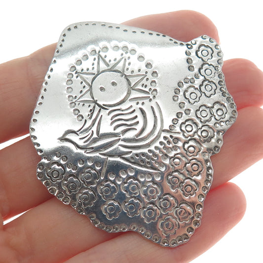 LOS BALLESTEROS Sterling Silver Vintage Mexico Sun & Bird Landscape Pin Brooch