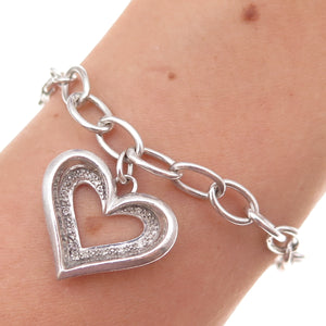 925 Sterling Silver Vintage Dangle Heart Oxidized Oval-Link Bracelet 7"