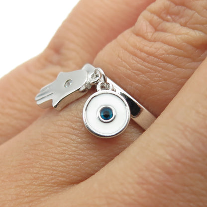 925 Sterling Silver Enamel Round-Cut C Z Hamsa Evil's Eye Charm Ring Size 6.75