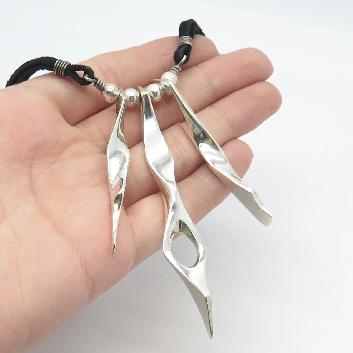 925 Sterling Silver Vintage Israel Modernist Triple Bar Leather Necklace 14"