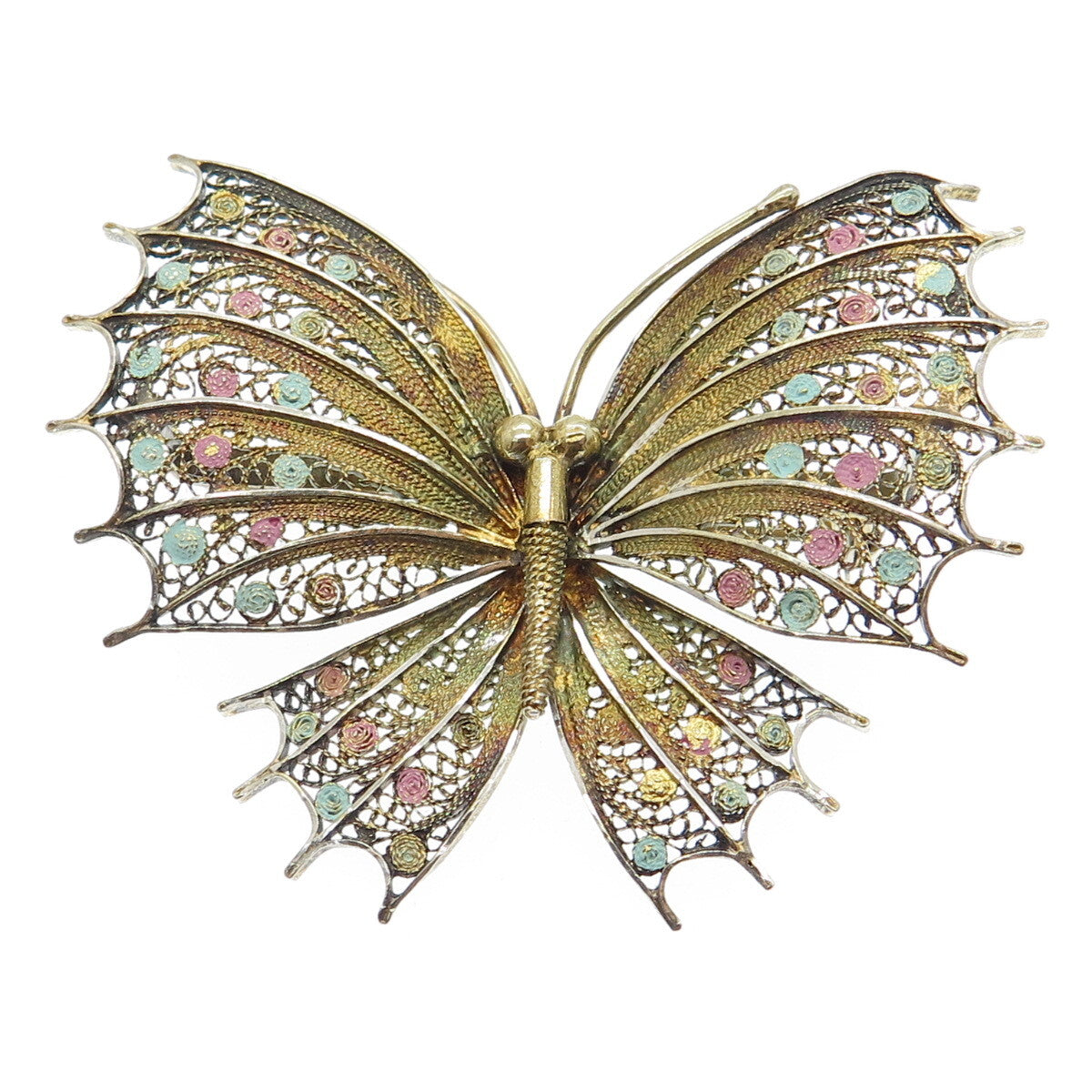 800 Silver Vintage Enamel Filigree Butterfly Pin Brooch