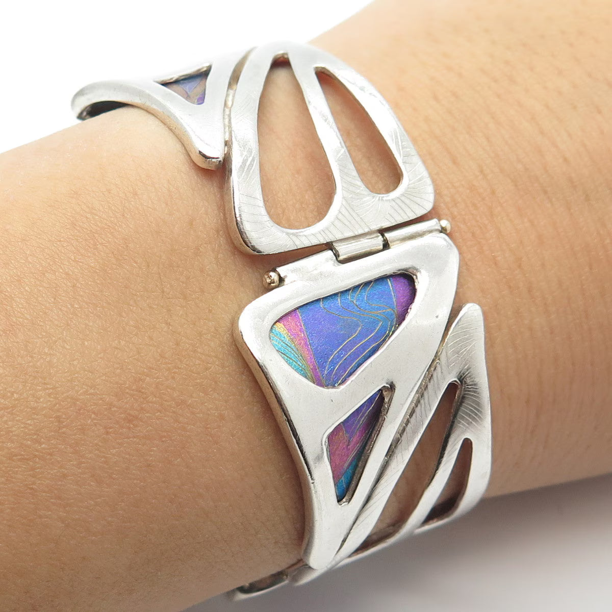 925 Sterling Silver Vintage Kit Horton Glass Modernist Panel Link Bracelet 6.5"