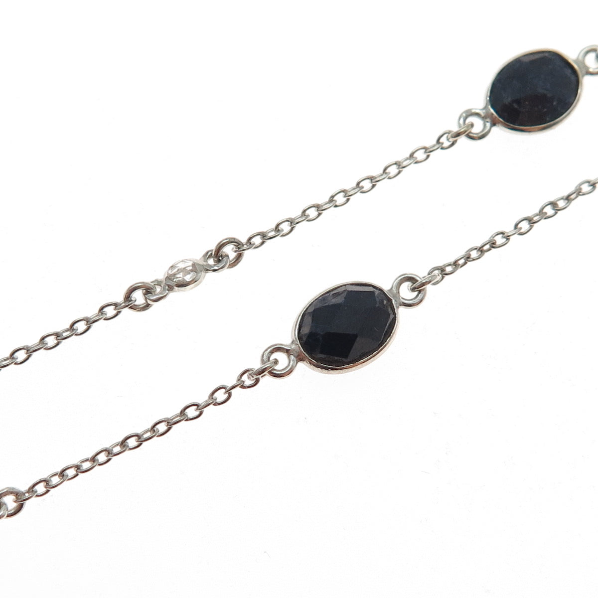 DSMK 925 Sterling Silver Real Oval-Cut Sapphire Station Chain Necklace 36"