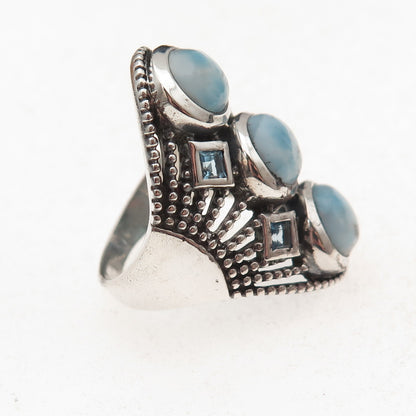 925 Sterling Silver Vintage Real Larimar & Blue Topaz Oxidized Ring Size 8