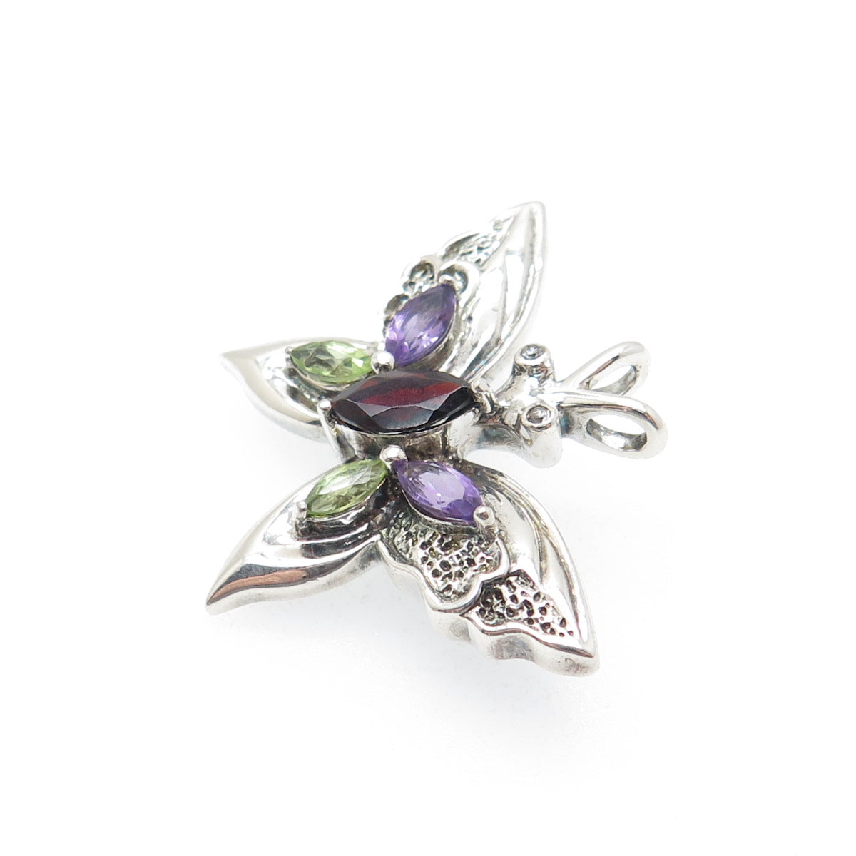 925 Sterling Vintage Real Peridot Amethyst Garnet & C Z Butterfly Brooch Pendant