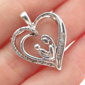 SUN 925 Sterling Silver Real Multi-Cut Diamond Mom & Child Heart Charm Pendant