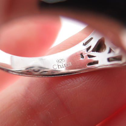 925 Sterling Silver Real Rhodonite & Black Spinel Modernist Ring Size 8