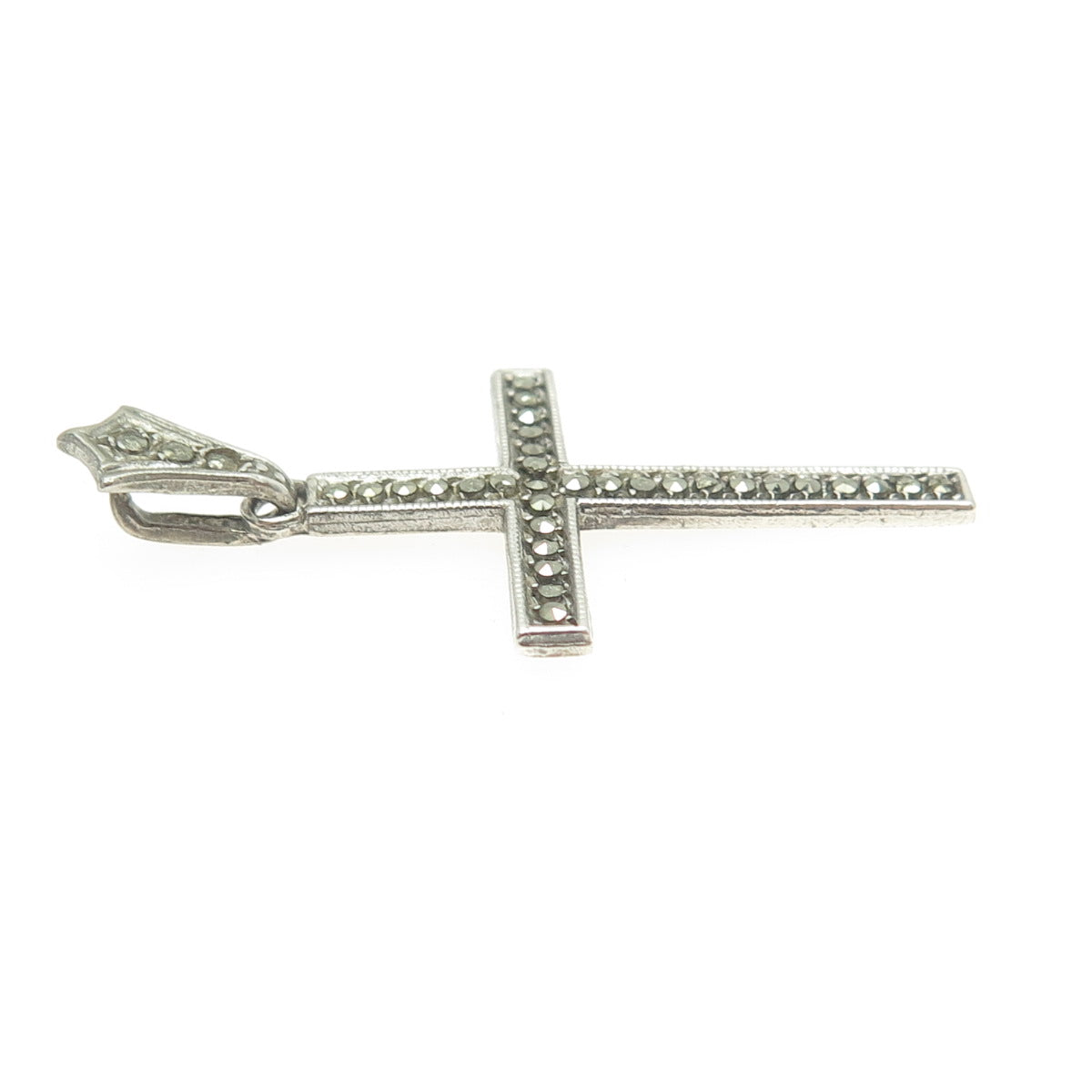 925 Sterling Silver Antique Art Deco Real Marcasite Gemstone Cross Pendant