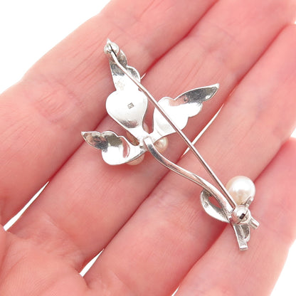 925 Sterling Silver Antique Japan Real Akoya Pearl Floral Pin Brooch