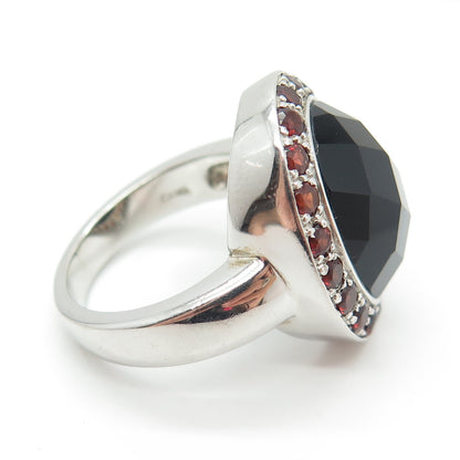 925 Sterling Silver Real Black Spinel & Red Garnet Ring Size 10