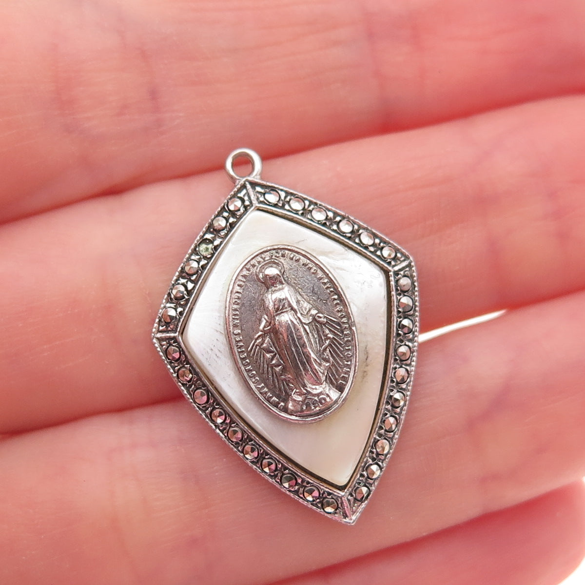 925 Sterling Silver Antique Art Deco Real MOP & Marcasite St. Mary Charm Pendant