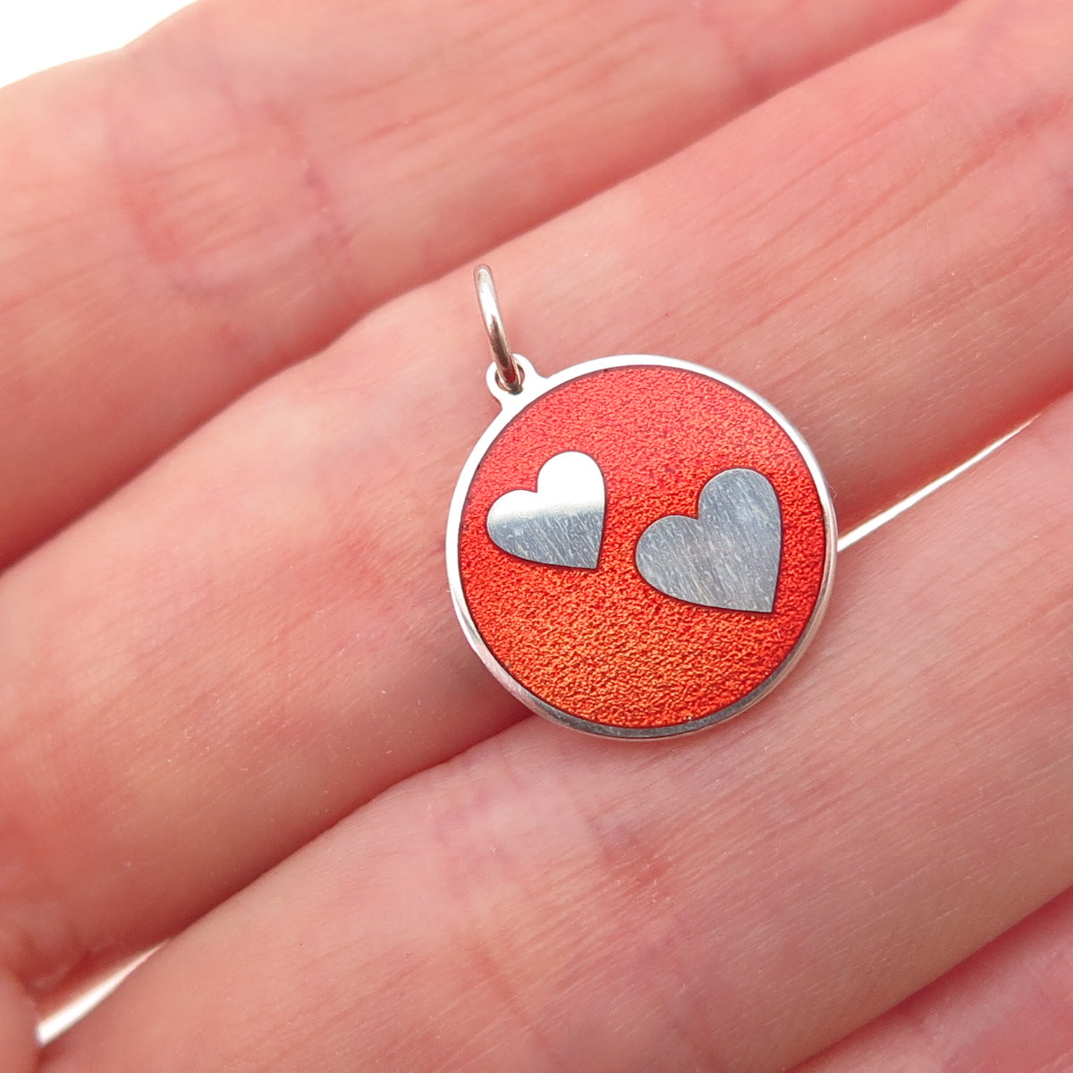 925 Sterling Silver Red Enamel Couple Hearts Charm Pendant