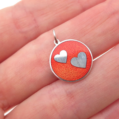 925 Sterling Silver Red Enamel Couple Hearts Charm Pendant