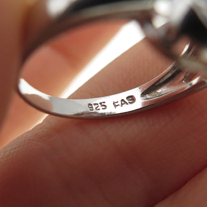 925 Sterling Silver Real Diamond & Black Spinel Flower Ring Size 6.25