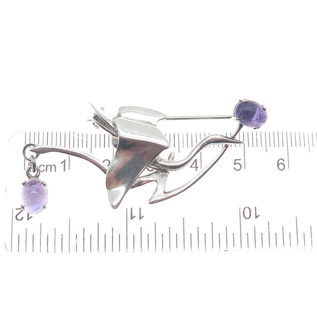 925 Sterling Silver Vintage Real Amethyst Modernist Stork Bird Pin Brooch