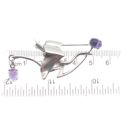 925 Sterling Silver Vintage Real Amethyst Modernist Stork Bird Pin Brooch