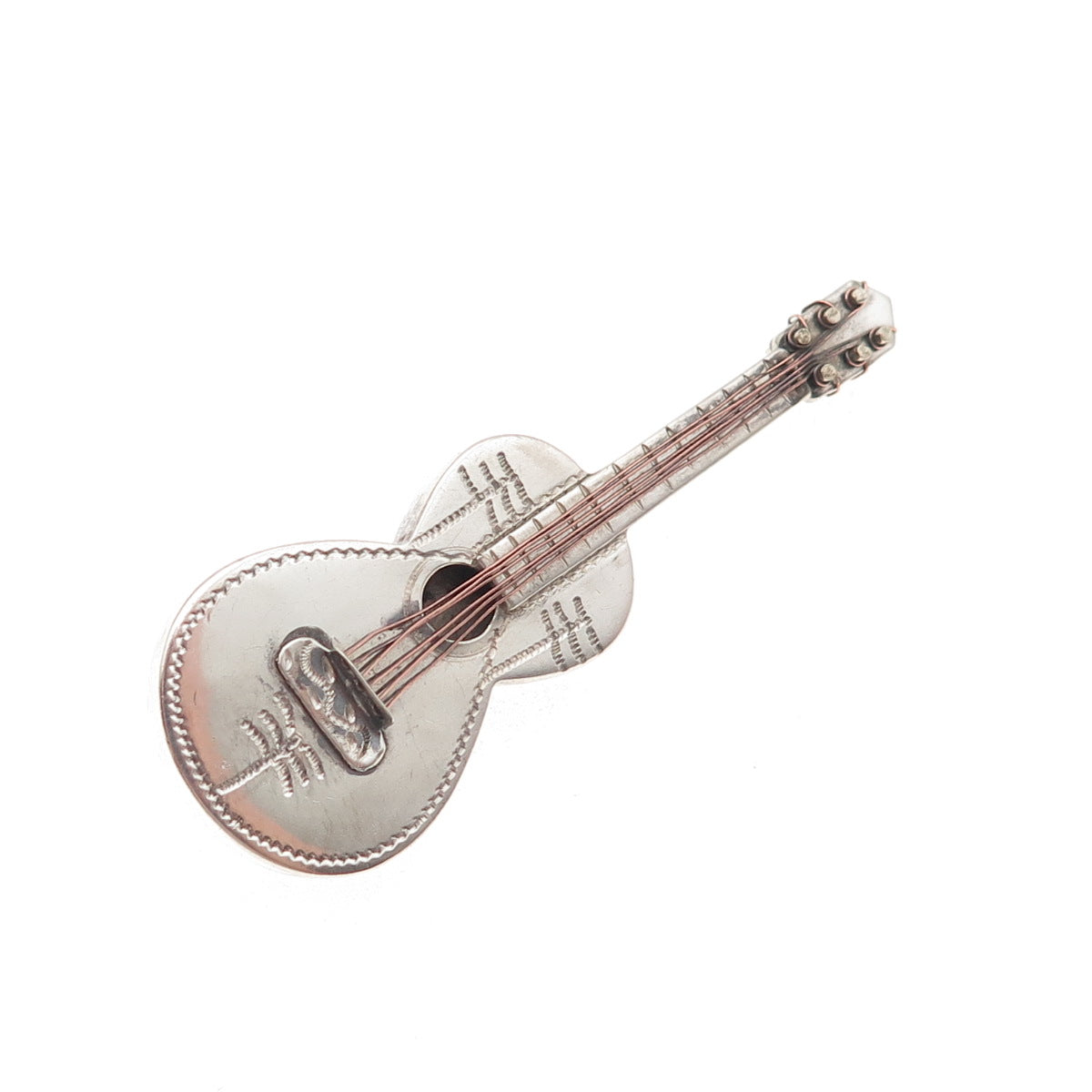 925 Sterling Silver 2-Tone Vintage Mexico Guitar Oxidized Pin Brooch