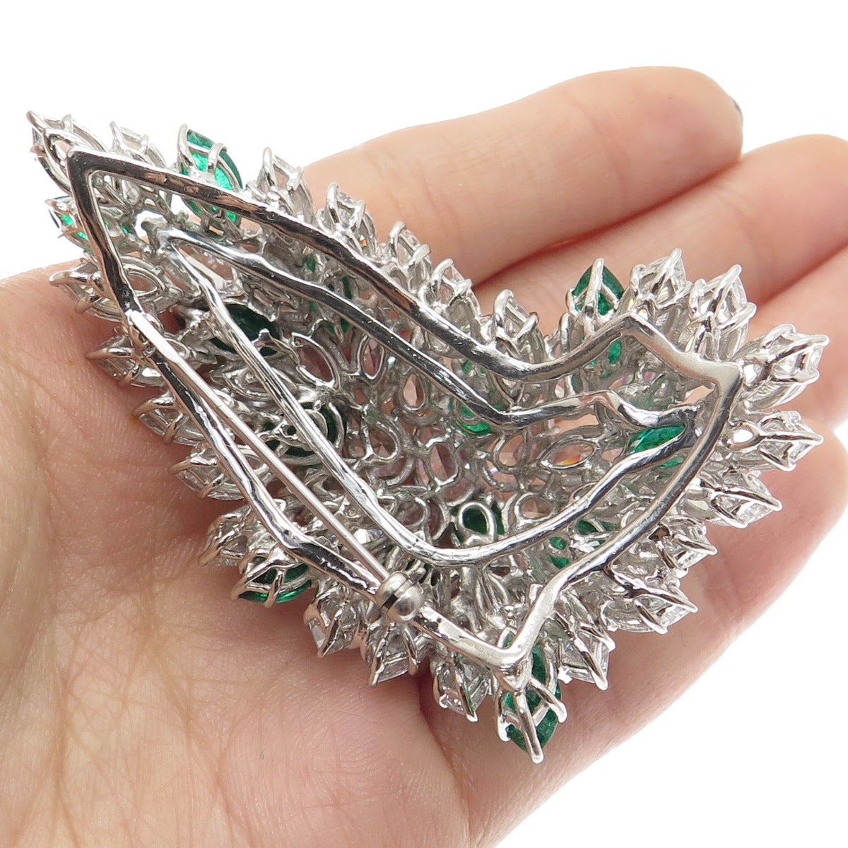 925 Sterling Silver Vintage Pear & Marquise Nano Emerald C Z Sparkle Pin Brooch