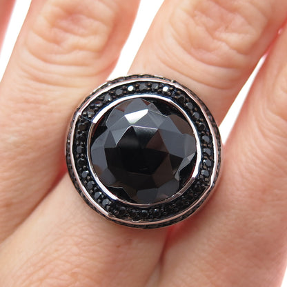 925 Sterling Silver Real Round-Cut Black Spinel Modernist Ring Size 7.5
