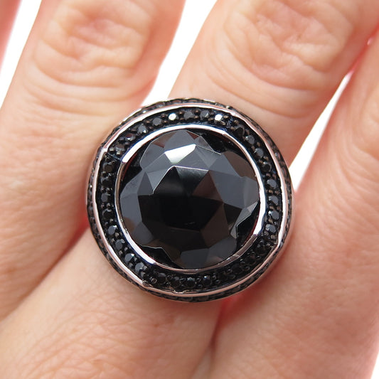 925 Sterling Silver Real Round-Cut Black Spinel Modernist Ring Size 7.5
