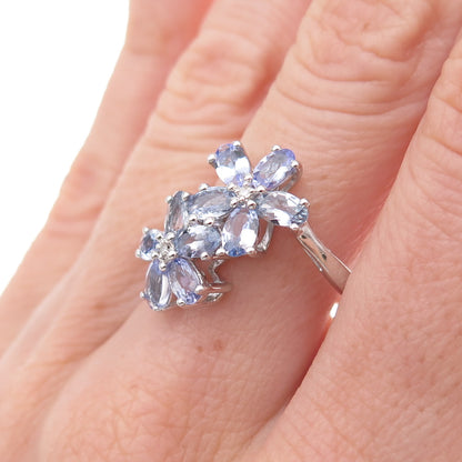 925 Sterling Silver Real Diamond & Tanzanite Floral Ring Size 8