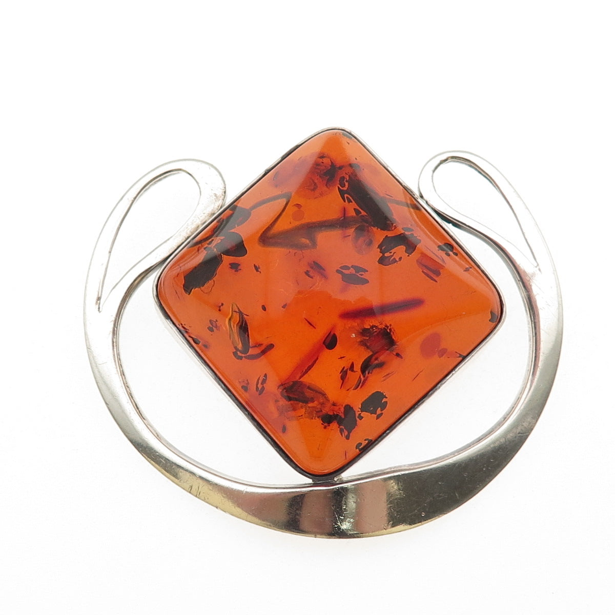 925 Sterling Silver Vintage Real Amber Modernist Oxidized Large Pin Brooch