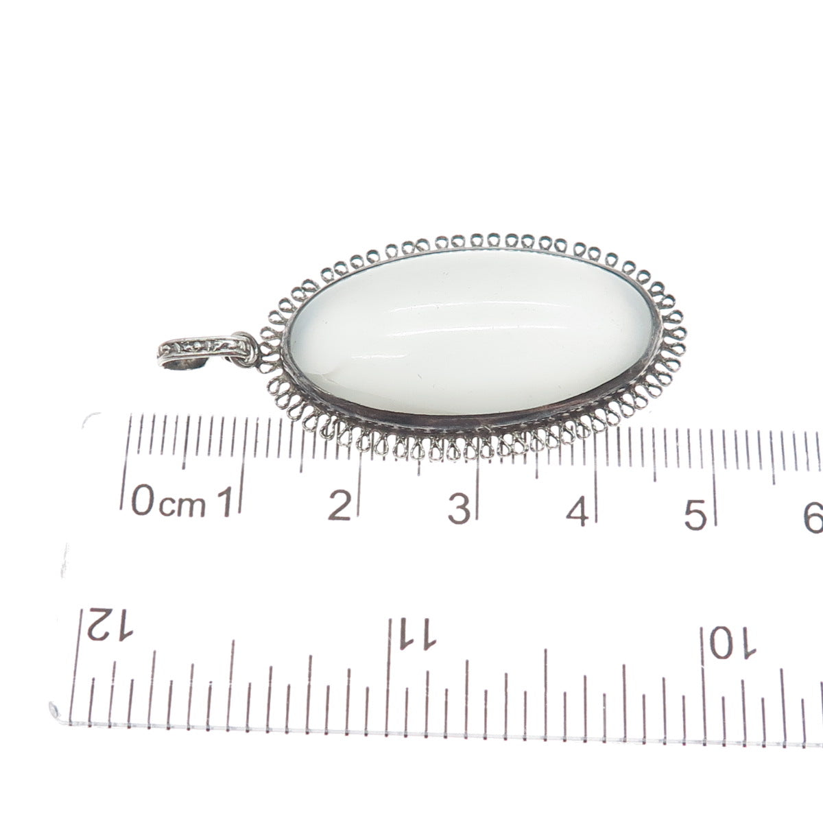 925 Sterling Silver Antique Art Deco Milky Glass Filigree Pendant